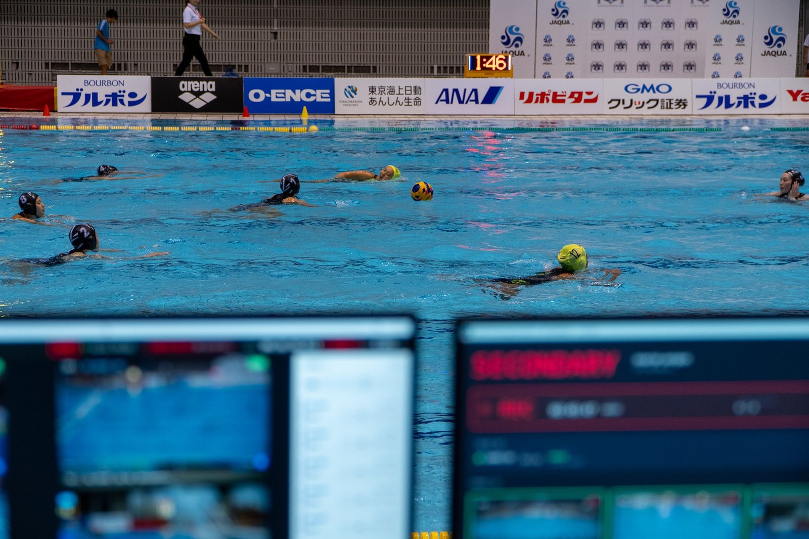 Live water polo at the Japan Championships in Chiba, with the VAR system in the foreground